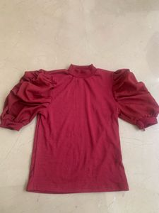 Wine Red Puff Sleeve Top with Mock Neck
