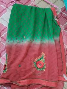 Green And Red Coloured Saree With Embroidery Work