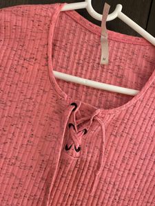 Cute Pink Ribbed Lace-Up Top