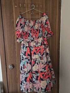Floral Pink Midi Dress With Smoking