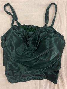 Green Satin Cowl Neck Top