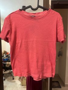 Coral Ribbed Knit Top