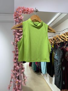 Green Ribbed Mock Neck Top