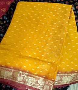 Yellow Polka Dot Saree with Floral Border