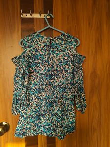 Blue &amp; White Floral Printed Cold-Shoulder Top