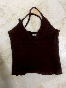 Brown Knit Open Back Top