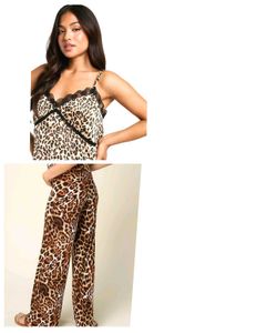 Leopard Print Lace Trim Top& Pillazo Pants Set