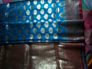 Blue &amp; Red Katan Benarasi Heavy Saree