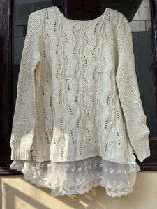 Elegant Knit Sweater with Lace Detail