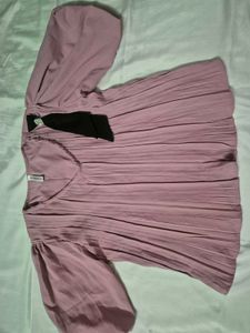 Mauve Pleated V-Neck Top with Bow Detail