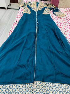 peacock green color gown dress with pants … front