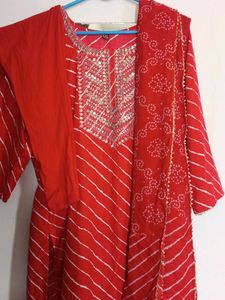 Red Striped Kurta Set