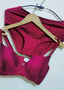 Wine Color Light Padded Bra Panty Set For 34 Bust