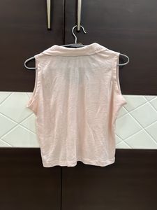 Baby Pink Cut Sleeves Collared Ripped Crop Top