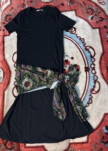 Chic Black Dress with Scarf Detail