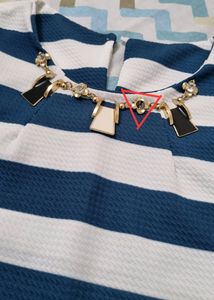 Blue &amp; White Top With Attached Necklace