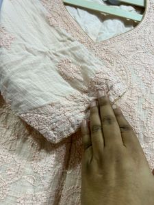 Peach Kota Checks Chikankari Embroidered Kurta