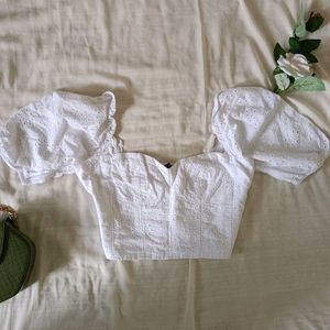 Eyelet Puff Sleeve Crop Top
