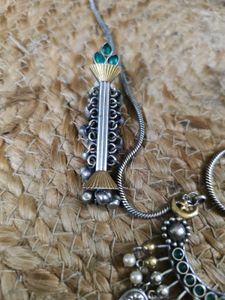 Silver Replica Long Pendant Set With Green Stones