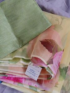 Lemon Yellow Digital Print Organza Saree