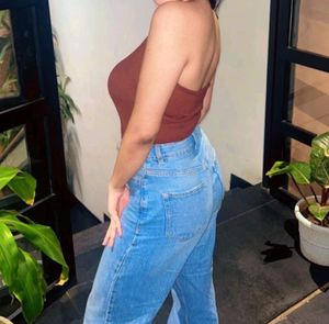 Brown Halter Neck Backless Crop Top