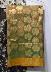 Gold & Green Floral Silk Saree