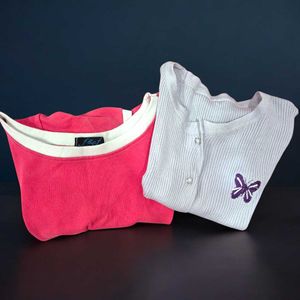 Cute Girls&#39; Crop Top Combo:Pink Ringer &amp; Butterfly