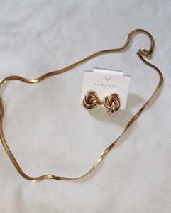 Gold Necklace &amp; Knot Earrings Set