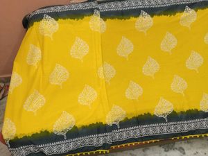 New Yellow&amp;Gray BlockPrint MulmulCotton Saree+Blou