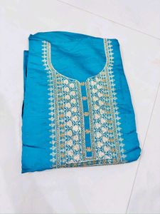 Teal Embroidered handwork dress material