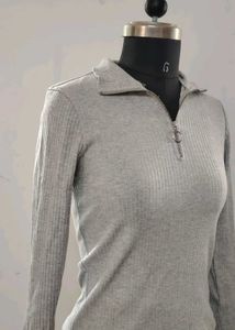 Gray Ribbed Quarter Zip Pullover