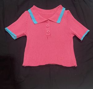 Pink Ribbed Button Top