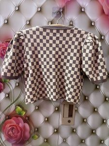 Checkerboard Puff Sleeve Top