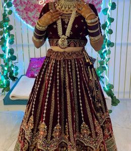 Maroon Velvet Bridal Saree with Jewelry