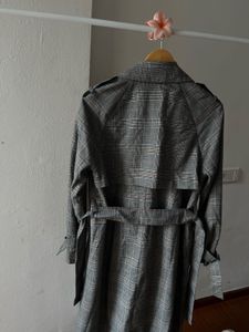 Plaid Grey Check Double Breasted Trench Coat