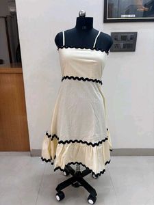 Cream Midi Dress with Black Scallop Trim