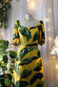 Yellow Leaf Print Midi Dress