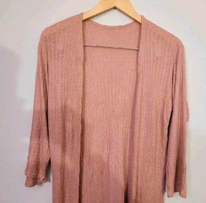 Woman Knitted Dusty Pink Open Front Longline Shrug