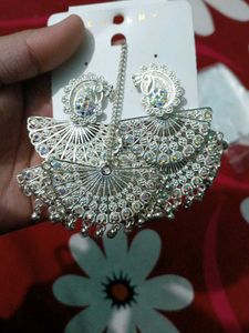 Silver Peacock Earrings Maang Tikka Set