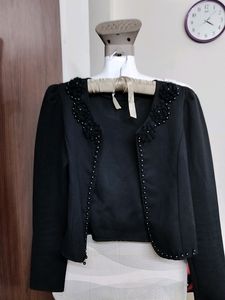 Black Crop Jacket With Embellished Neck Open Front