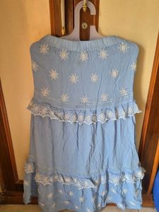 Blue Embroidered Tiered Skirt