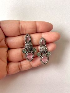 Silver Replica Earring Mint &amp; Baby Pink Stone