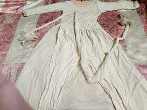 Elegant Cream Anarkali Gown Pearl Net Dupatta