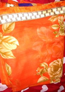 Floral Print Orange Saree