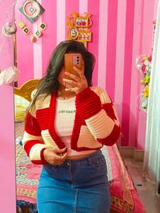 Red &amp; Cream Crochet Patchwork Cardigan