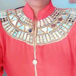 Red Mirror Work Fish Cut Long Gown