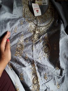 Gray Embroidered Salwar Kameez Material With Tag