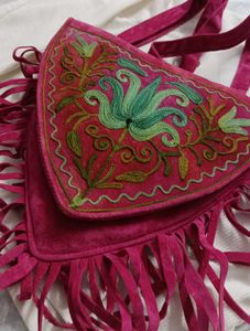 Pink  Vintage Suede Embroidered Fringe Bag