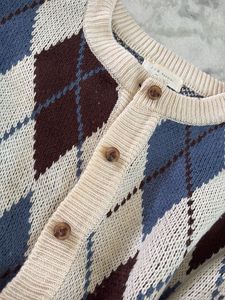Argyle Pattern Round Neck Cardigan Sweater