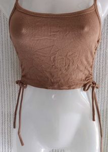 VICTORIA Brown Ribbed Tie-Side Crop Top